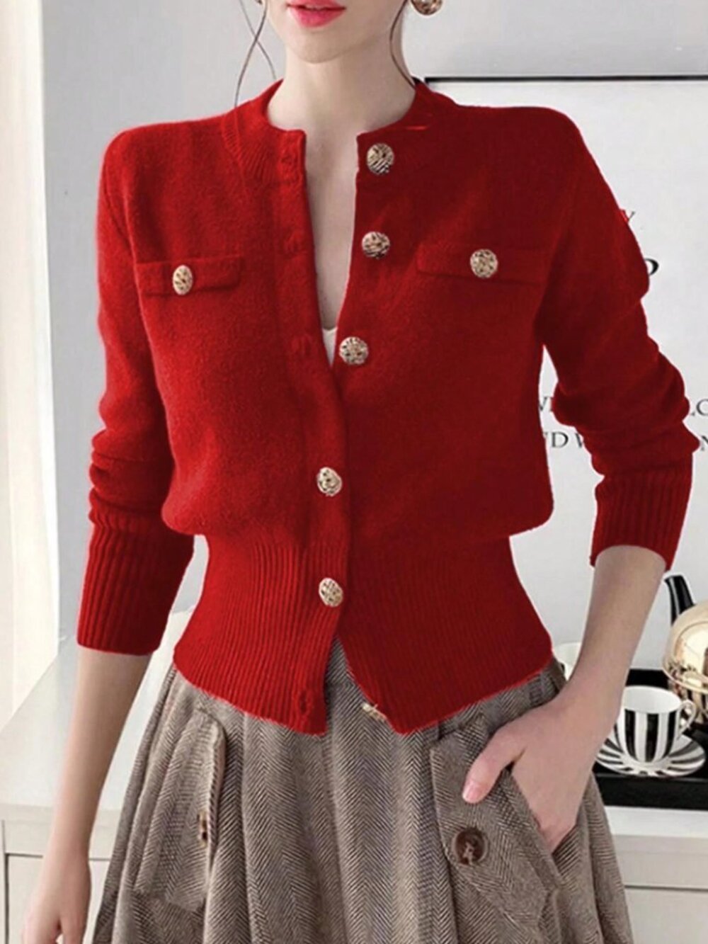Women's Casual Long Sleeve Ribbed Knit Button Faux Pocket Round Neck Cardigan